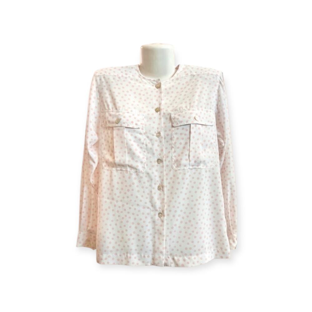 Liz Claiborne Women's Cream/Pink Polka Dots Front Pocket Long Sleeve Blouse SZ 4